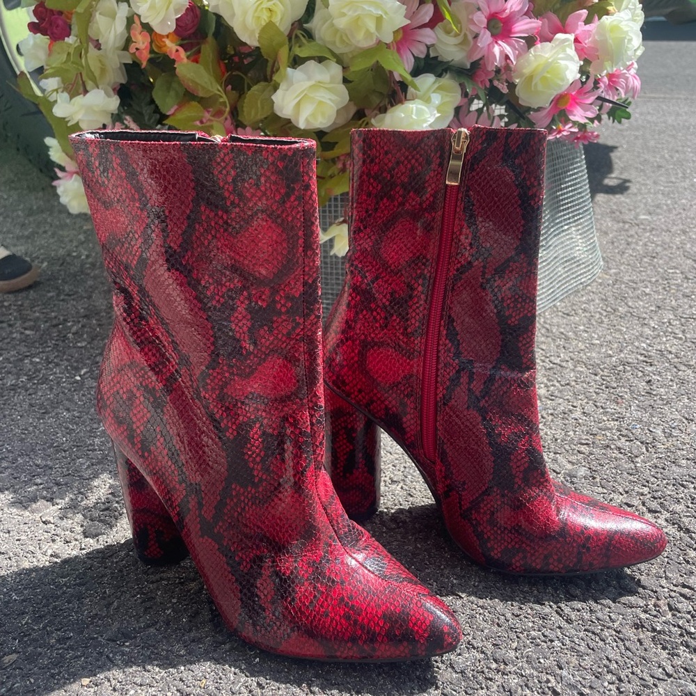 Red Snake Print Ankle Boots